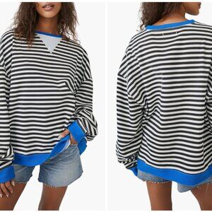 Free People Black and White Striped Sweater with Blue Accents